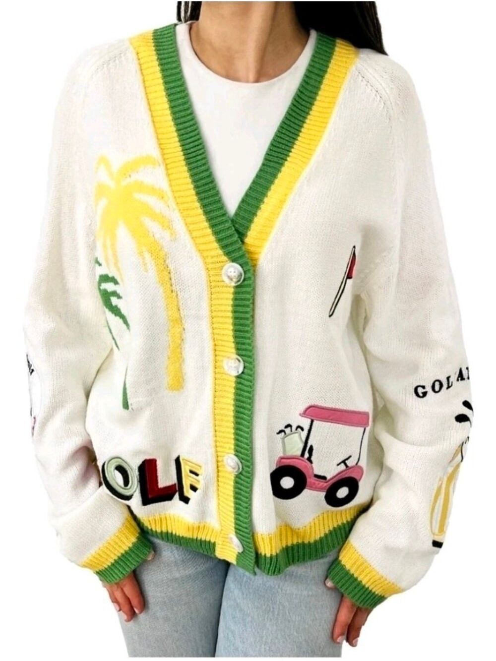 Jennifer Miller Cream Golf Cardigan Sweater- Large